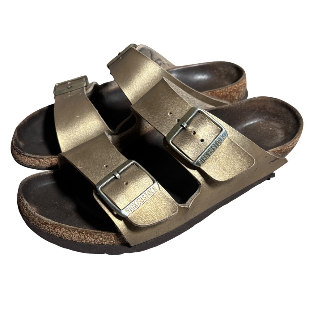 Birkenstock Approx 8‎ Womens AZ Metallic Gold Two Strap Buckle Slide Sandals